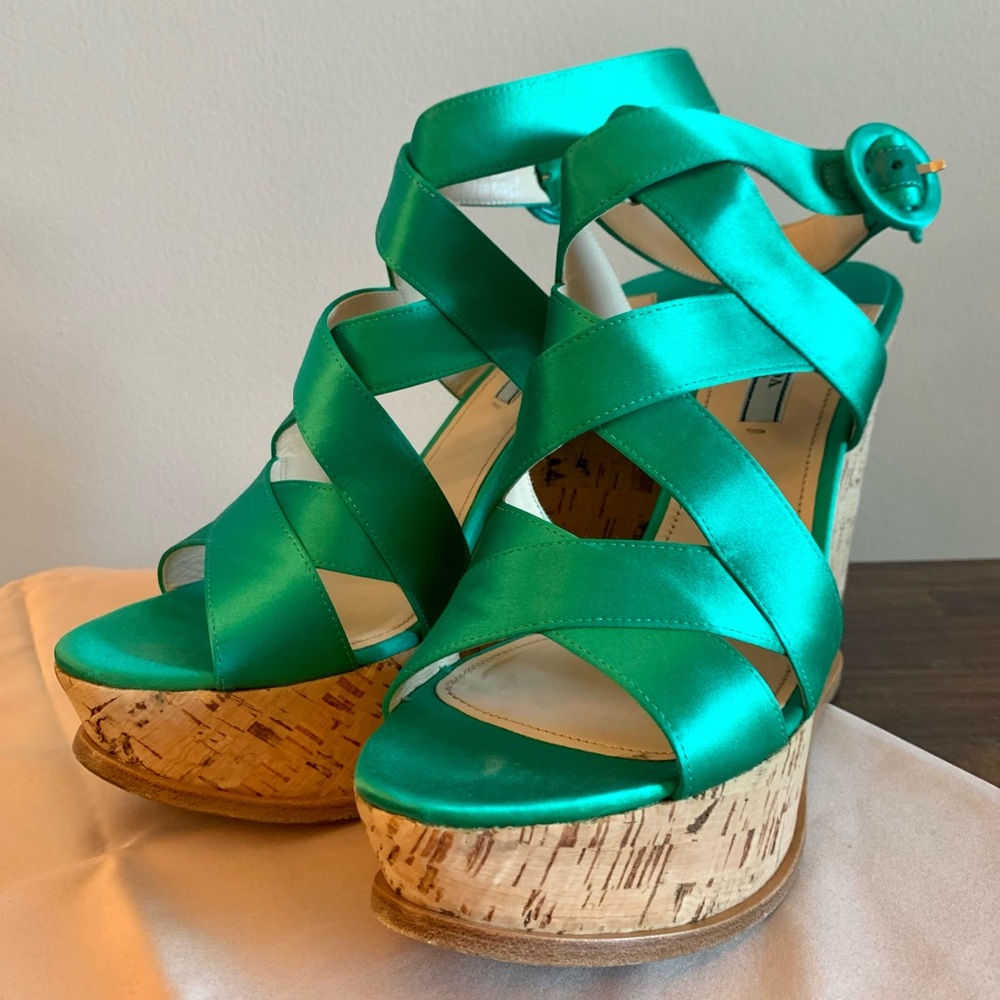 Prada Assenzio (absinthe/emerald green), 40/Size 9, criss cross cork wedge - Picture 13 of 15
